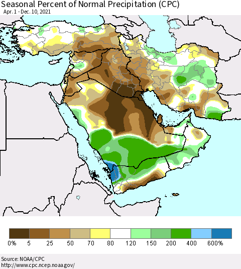 Middle East and Turkey Seasonal Percent of Normal Precipitation (CPC) Thematic Map For 4/1/2021 - 12/10/2021