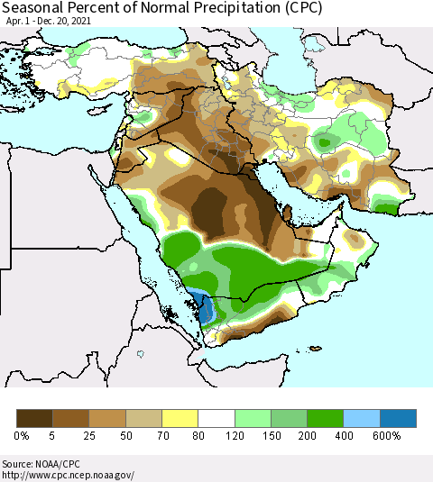 Middle East and Turkey Seasonal Percent of Normal Precipitation (CPC) Thematic Map For 4/1/2021 - 12/20/2021