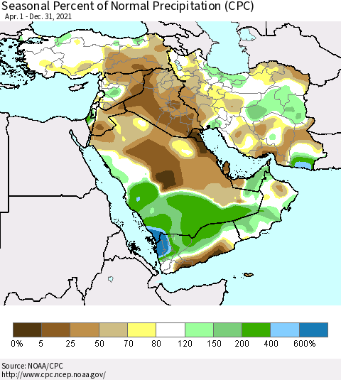 Middle East and Turkey Seasonal Percent of Normal Precipitation (CPC) Thematic Map For 4/1/2021 - 12/31/2021