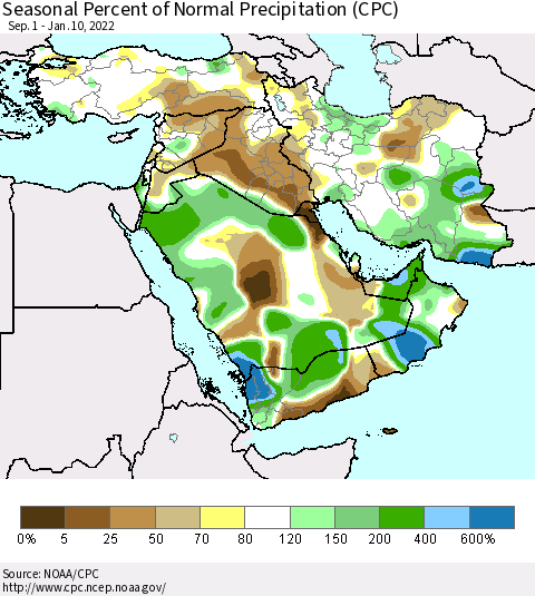 Middle East and Turkey Seasonal Percent of Normal Precipitation (CPC) Thematic Map For 9/1/2021 - 1/10/2022