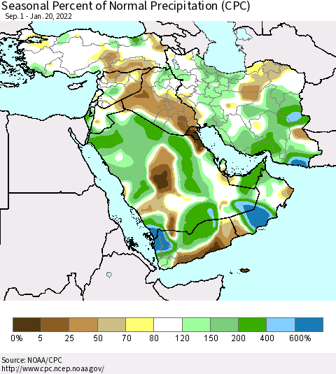 Middle East and Turkey Seasonal Percent of Normal Precipitation (CPC) Thematic Map For 9/1/2021 - 1/20/2022