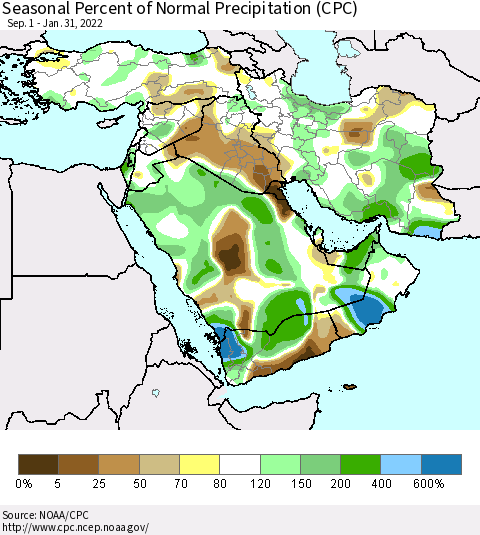 Middle East and Turkey Seasonal Percent of Normal Precipitation (CPC) Thematic Map For 9/1/2021 - 1/31/2022