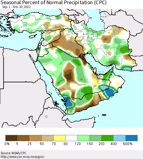 Middle East and Turkey Seasonal Percent of Normal Precipitation (CPC) Thematic Map For 9/1/2021 - 2/10/2022