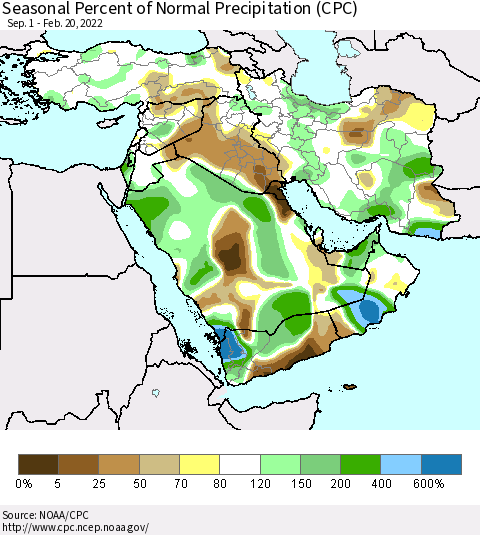 Middle East and Turkey Seasonal Percent of Normal Precipitation (CPC) Thematic Map For 9/1/2021 - 2/20/2022