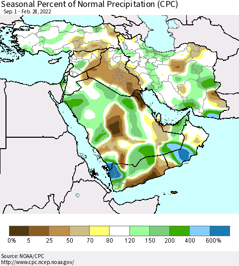 Middle East and Turkey Seasonal Percent of Normal Precipitation (CPC) Thematic Map For 9/1/2021 - 2/28/2022