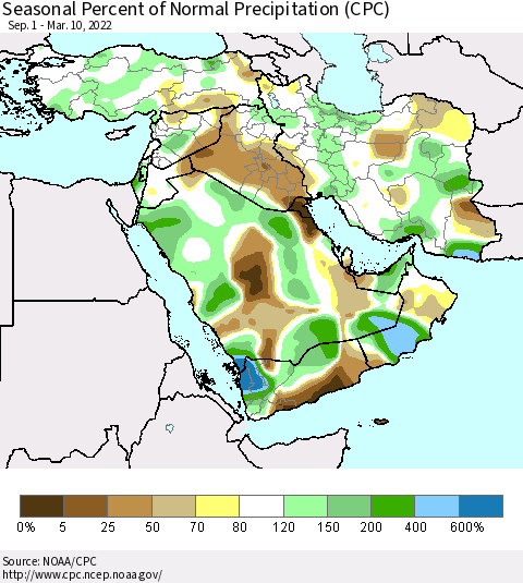 Middle East and Turkey Seasonal Percent of Normal Precipitation (CPC) Thematic Map For 9/1/2021 - 3/10/2022