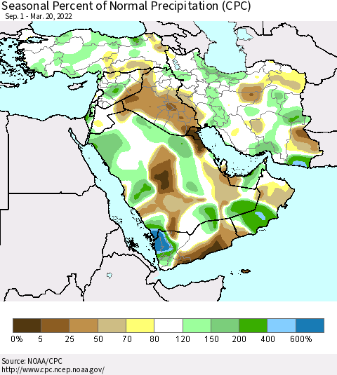 Middle East and Turkey Seasonal Percent of Normal Precipitation (CPC) Thematic Map For 9/1/2021 - 3/20/2022