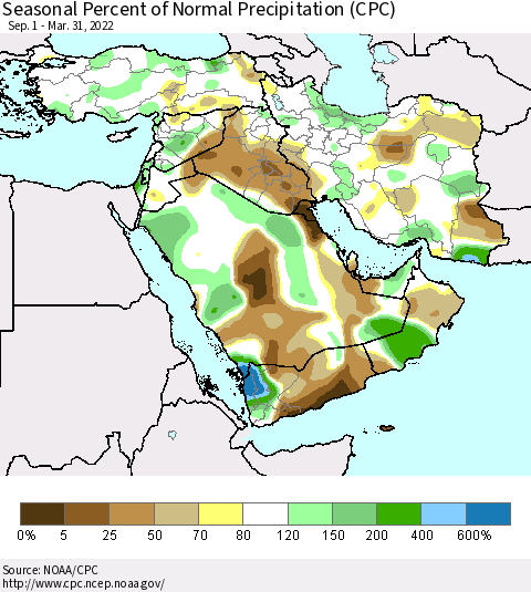 Middle East and Turkey Seasonal Percent of Normal Precipitation (CPC) Thematic Map For 9/1/2021 - 3/31/2022