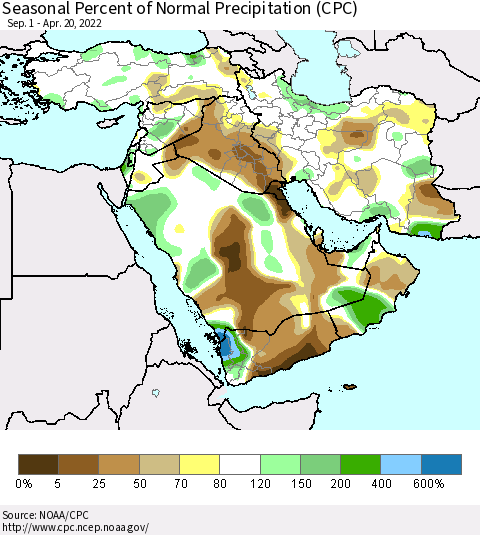 Middle East and Turkey Seasonal Percent of Normal Precipitation (CPC) Thematic Map For 9/1/2021 - 4/20/2022