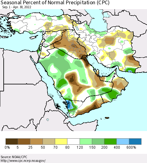Middle East and Turkey Seasonal Percent of Normal Precipitation (CPC) Thematic Map For 9/1/2021 - 4/30/2022
