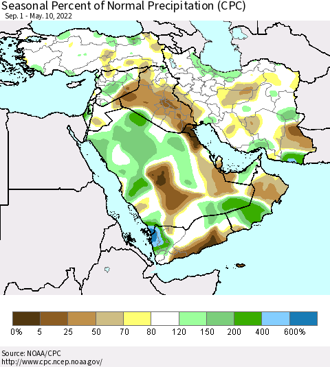 Middle East and Turkey Seasonal Percent of Normal Precipitation (CPC) Thematic Map For 9/1/2021 - 5/10/2022