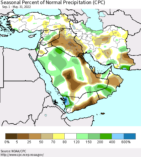 Middle East and Turkey Seasonal Percent of Normal Precipitation (CPC) Thematic Map For 9/1/2021 - 5/31/2022