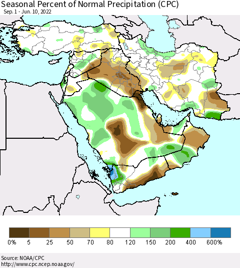 Middle East and Turkey Seasonal Percent of Normal Precipitation (CPC) Thematic Map For 9/1/2021 - 6/10/2022