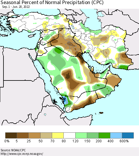 Middle East and Turkey Seasonal Percent of Normal Precipitation (CPC) Thematic Map For 9/1/2021 - 6/20/2022
