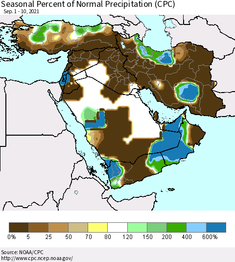 Middle East and Turkey Seasonal Percent of Normal Precipitation (CPC) Thematic Map For 9/1/2021 - 9/10/2021