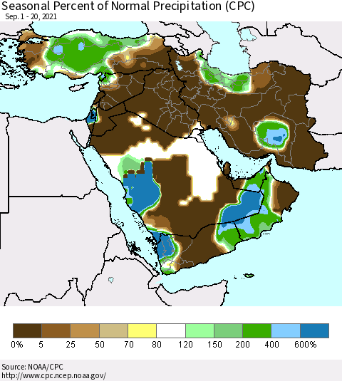 Middle East and Turkey Seasonal Percent of Normal Precipitation (CPC) Thematic Map For 9/1/2021 - 9/20/2021