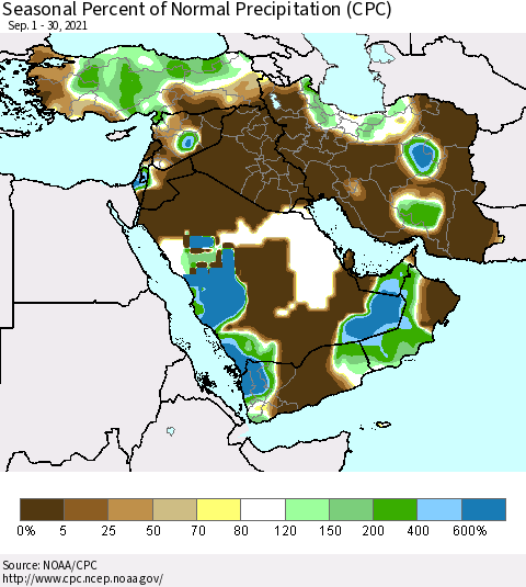 Middle East and Turkey Seasonal Percent of Normal Precipitation (CPC) Thematic Map For 9/1/2021 - 9/30/2021