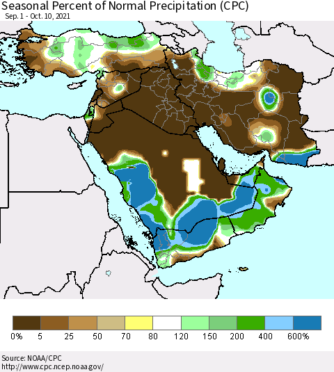 Middle East and Turkey Seasonal Percent of Normal Precipitation (CPC) Thematic Map For 9/1/2021 - 10/10/2021