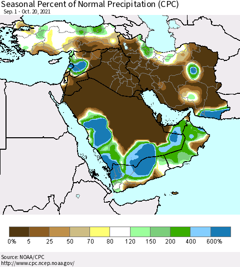 Middle East and Turkey Seasonal Percent of Normal Precipitation (CPC) Thematic Map For 9/1/2021 - 10/20/2021