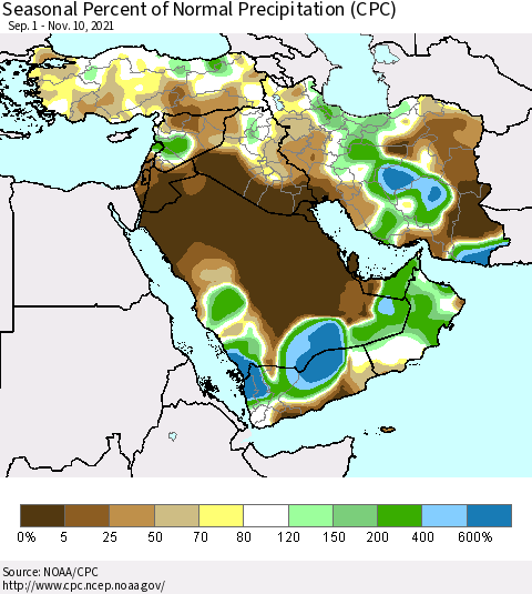 Middle East and Turkey Seasonal Percent of Normal Precipitation (CPC) Thematic Map For 9/1/2021 - 11/10/2021