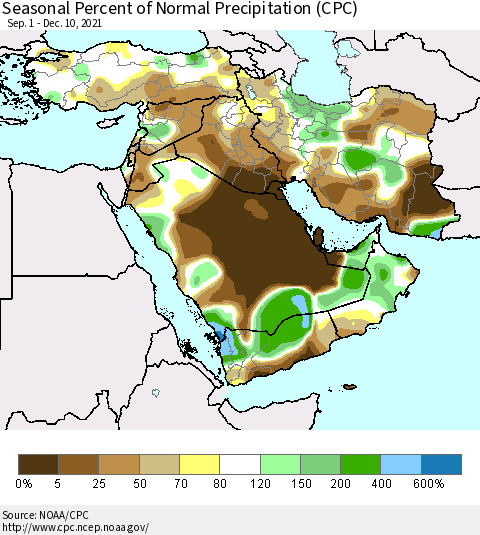Middle East and Turkey Seasonal Percent of Normal Precipitation (CPC) Thematic Map For 9/1/2021 - 12/10/2021
