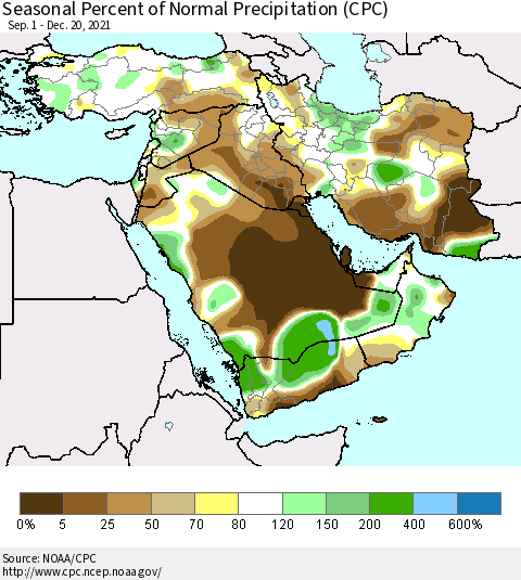 Middle East and Turkey Seasonal Percent of Normal Precipitation (CPC) Thematic Map For 9/1/2021 - 12/20/2021