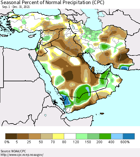 Middle East and Turkey Seasonal Percent of Normal Precipitation (CPC) Thematic Map For 9/1/2021 - 12/31/2021