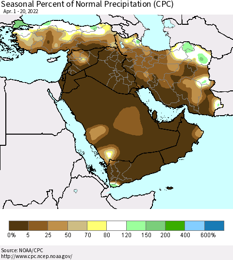 Middle East and Turkey Seasonal Percent of Normal Precipitation (CPC) Thematic Map For 4/1/2022 - 4/20/2022