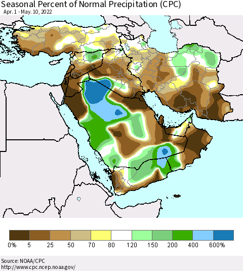 Middle East and Turkey Seasonal Percent of Normal Precipitation (CPC) Thematic Map For 4/1/2022 - 5/10/2022