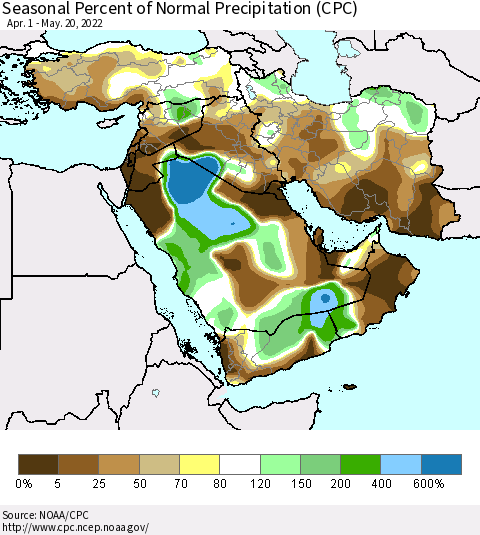 Middle East and Turkey Seasonal Percent of Normal Precipitation (CPC) Thematic Map For 4/1/2022 - 5/20/2022