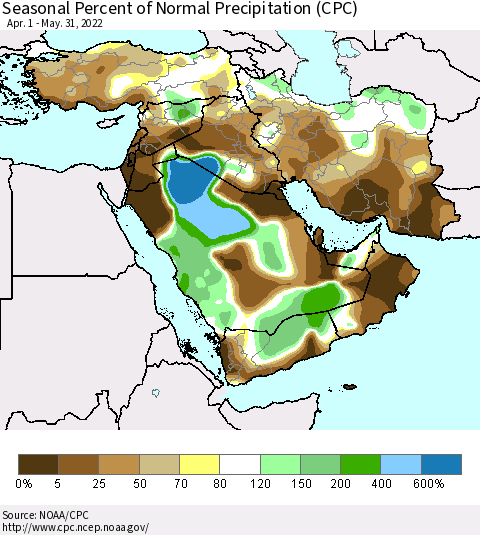 Middle East and Turkey Seasonal Percent of Normal Precipitation (CPC) Thematic Map For 4/1/2022 - 5/31/2022
