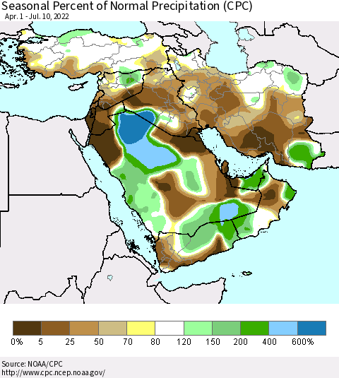 Middle East and Turkey Seasonal Percent of Normal Precipitation (CPC) Thematic Map For 4/1/2022 - 7/10/2022