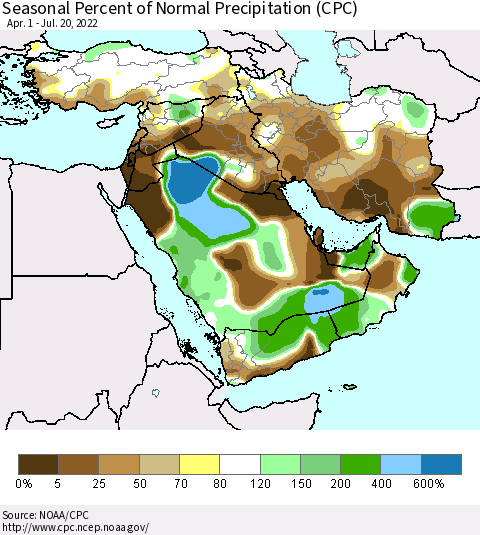 Middle East and Turkey Seasonal Percent of Normal Precipitation (CPC) Thematic Map For 4/1/2022 - 7/20/2022