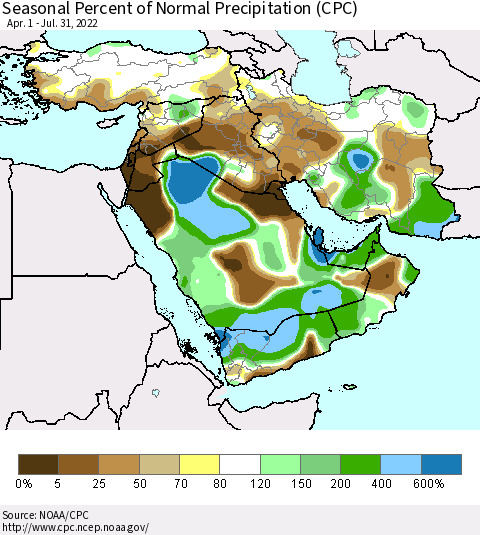 Middle East and Turkey Seasonal Percent of Normal Precipitation (CPC) Thematic Map For 4/1/2022 - 7/31/2022