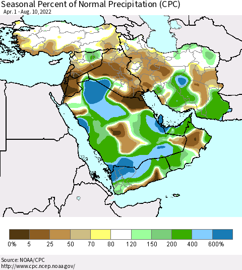 Middle East and Turkey Seasonal Percent of Normal Precipitation (CPC) Thematic Map For 4/1/2022 - 8/10/2022