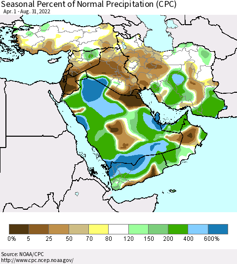 Middle East and Turkey Seasonal Percent of Normal Precipitation (CPC) Thematic Map For 4/1/2022 - 8/31/2022