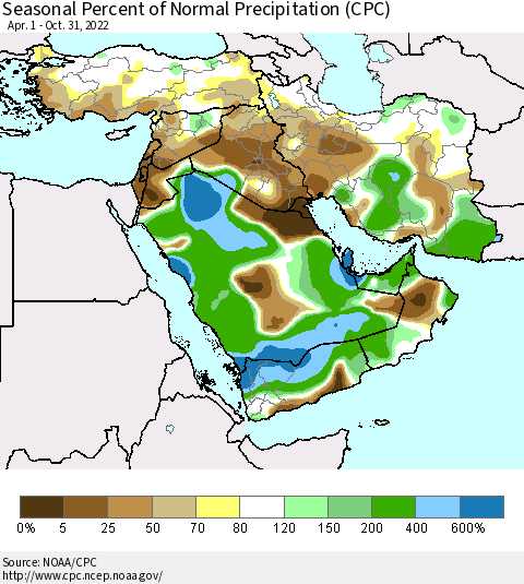 Middle East and Turkey Seasonal Percent of Normal Precipitation (CPC) Thematic Map For 4/1/2022 - 10/31/2022
