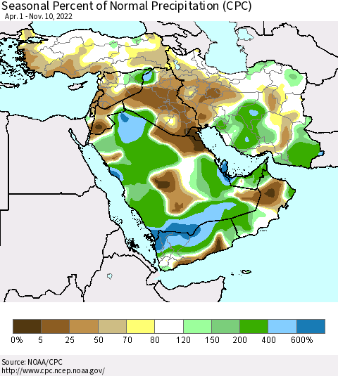 Middle East and Turkey Seasonal Percent of Normal Precipitation (CPC) Thematic Map For 4/1/2022 - 11/10/2022