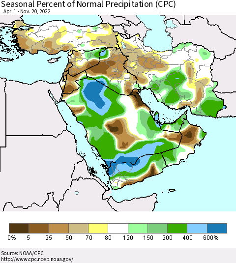 Middle East and Turkey Seasonal Percent of Normal Precipitation (CPC) Thematic Map For 4/1/2022 - 11/20/2022