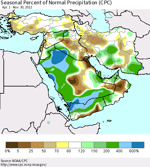 Middle East and Turkey Seasonal Percent of Normal Precipitation (CPC) Thematic Map For 4/1/2022 - 11/30/2022