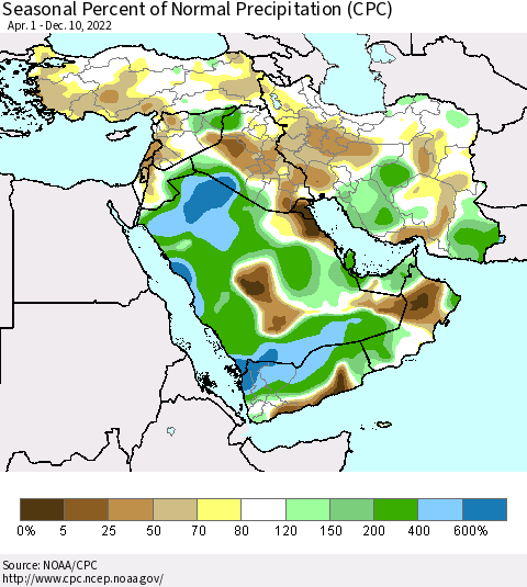 Middle East and Turkey Seasonal Percent of Normal Precipitation (CPC) Thematic Map For 4/1/2022 - 12/10/2022