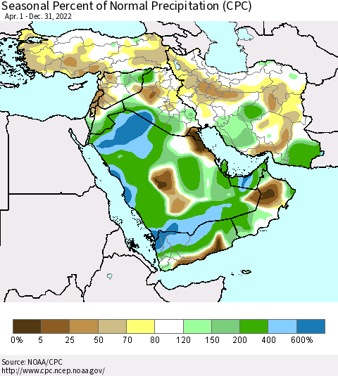 Middle East and Turkey Seasonal Percent of Normal Precipitation (CPC) Thematic Map For 4/1/2022 - 12/31/2022