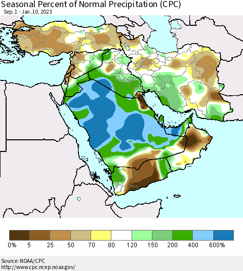 Middle East and Turkey Seasonal Percent of Normal Precipitation (CPC) Thematic Map For 9/1/2022 - 1/10/2023