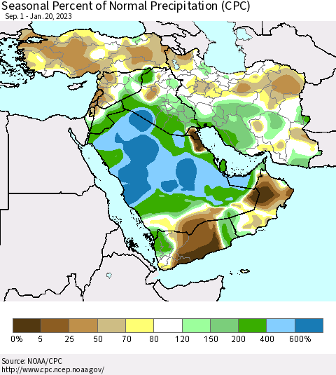 Middle East and Turkey Seasonal Percent of Normal Precipitation (CPC) Thematic Map For 9/1/2022 - 1/20/2023