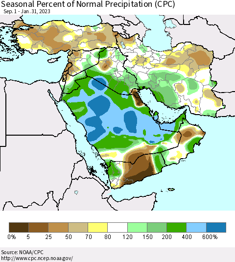Middle East and Turkey Seasonal Percent of Normal Precipitation (CPC) Thematic Map For 9/1/2022 - 1/31/2023