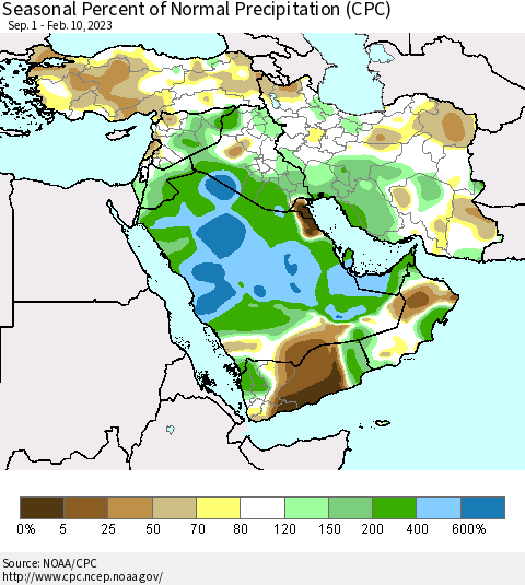 Middle East and Turkey Seasonal Percent of Normal Precipitation (CPC) Thematic Map For 9/1/2022 - 2/10/2023