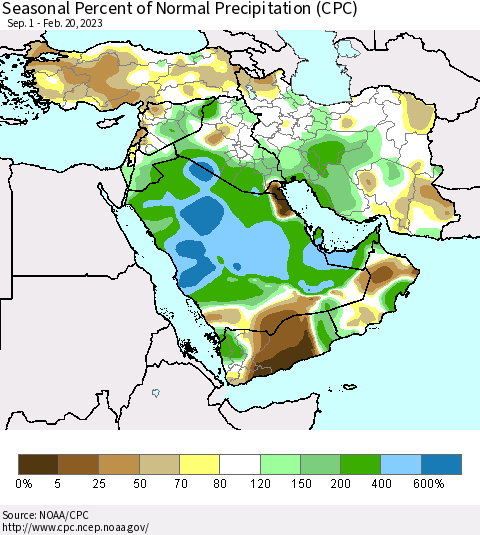 Middle East and Turkey Seasonal Percent of Normal Precipitation (CPC) Thematic Map For 9/1/2022 - 2/20/2023