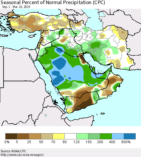 Middle East and Turkey Seasonal Percent of Normal Precipitation (CPC) Thematic Map For 9/1/2022 - 3/10/2023