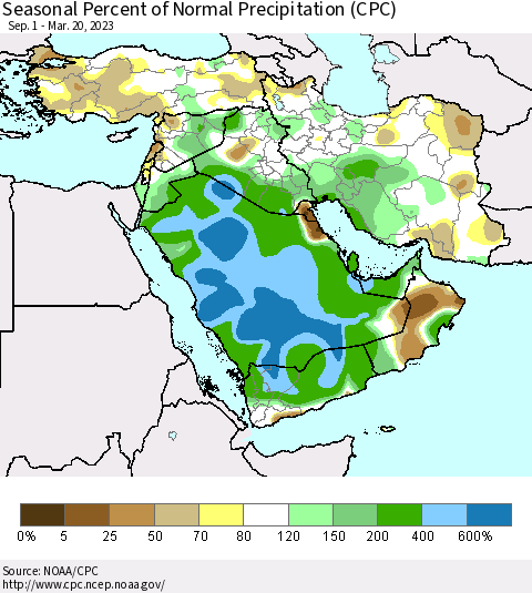 Middle East and Turkey Seasonal Percent of Normal Precipitation (CPC) Thematic Map For 9/1/2022 - 3/20/2023