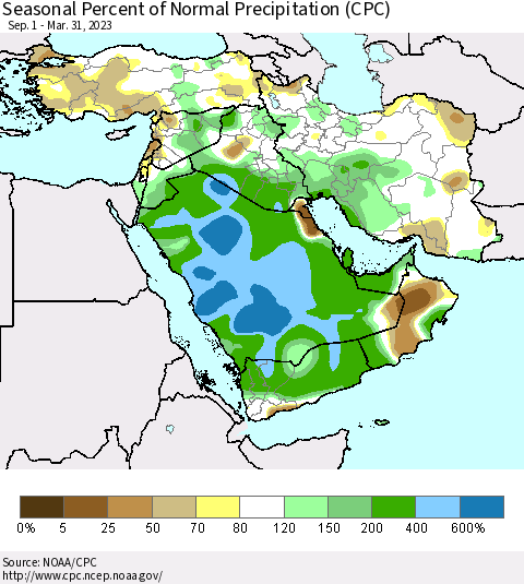 Middle East and Turkey Seasonal Percent of Normal Precipitation (CPC) Thematic Map For 9/1/2022 - 3/31/2023